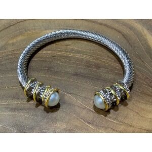 Two Tone Cable Twist Cuff Bracelet with Faux Pearl Terminals Silver Gold Tone